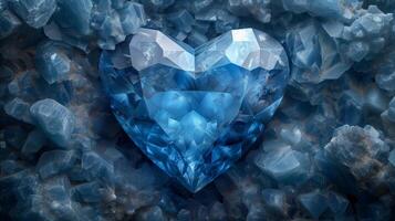 ai generado reluciente en forma de corazon zafiro en medio de cristalino fondo foto