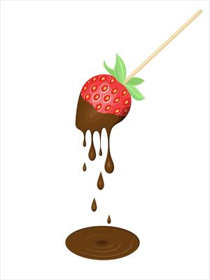 Chocolate covered strawberries. Cute sweet dessert. Melting chocolate drips from juicy strawberry.