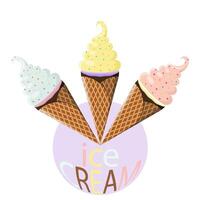 Vector illustration of soft serve ice cream cones in a variety of flavors.