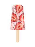 Delicious strawberry fruit ice cream on a stick. Vector image on a white background. Front view.