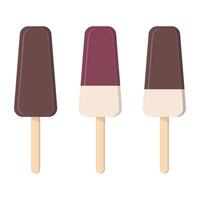 Set of ice cream with chocolate glaze on a stick. Whole chocolate popsicle on a stick. Vector food posters and summer banners.