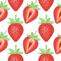 Seamless pattern of half and whole strawberries with green leaves. Vector illustration on white background.
