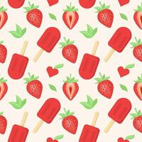 Seamless pattern of strawberries with green leaves, strawberry ice cream on a stick and hearts. Vector illustration on a white background.