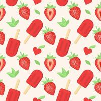 Seamless pattern of strawberries with green leaves, strawberry ice cream on a stick and hearts. Vector illustration on a white background.