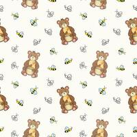 Seamless pattern of a cute brown bear with a barrel of honey and little bees. Vector illustration.