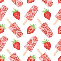 Seamless pattern of strawberries with green leaves and strawberry ice cream on a stick. Vector illustration on a white background.