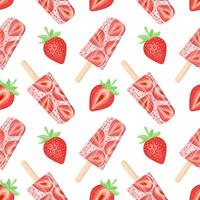 Seamless pattern of strawberries with green leaves and strawberry ice cream on a stick. Vector illustration on a white background.