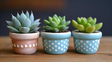 AI generated Trio of Potted Succulents on Wooden Surface photo