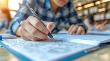 ai generado persona escritura notas con un bolígrafo en un blanco papel foto