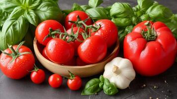 AI generated Fresh Tomatoes, Basil, and Garlic on a Table photo