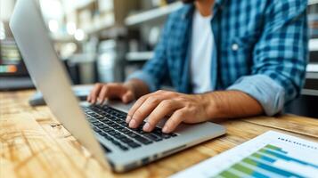 AI generated Man Typing on Laptop on Wooden Table photo
