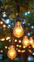 AI generated Multiple Light Bulbs Hanging From a Tree in Outdoor Display photo