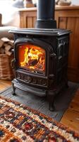 AI generated Cozy Wood Stove Burning Brightly in a Rustic Home Interior photo