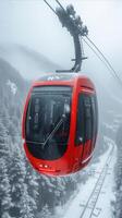 ai generado rojo cable coche descendente Nevado montaña paisaje foto