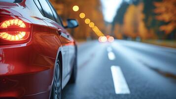 AI generated Close-Up of Red Cars Taillight on City Street at Dusk photo