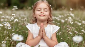 AI generated Serene Young Girl Meditating in a Daisy Field at Sunset photo