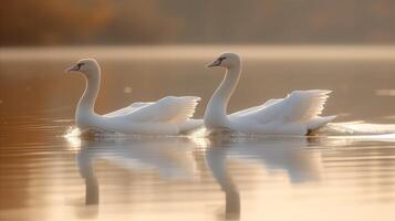 ai generado dos blanco cisnes nadando suavemente en un lago foto