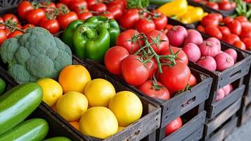 ai generado clasificado frutas y vegetales en de madera cajas foto