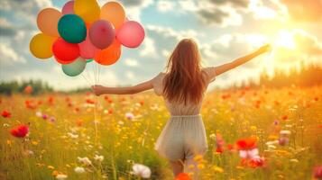 AI generated Woman Holding Balloons in Field photo