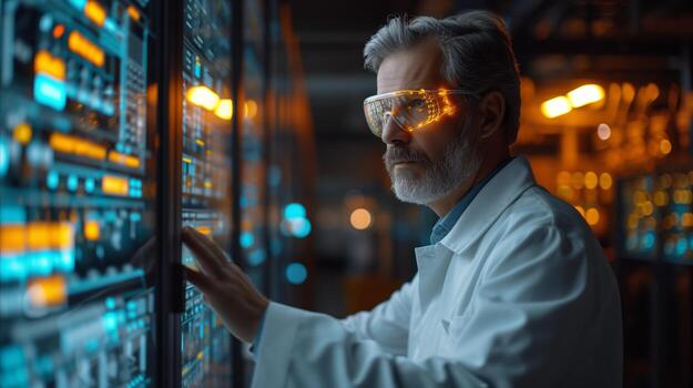AI generated Scientist in Lab Coat and Glasses Analyzing Computer Screen Data photo