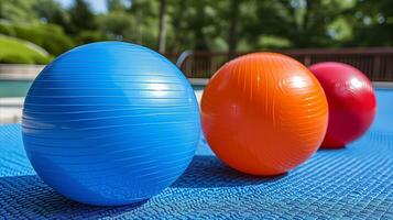 ai generado vistoso ejercicio pelotas por nadando piscina en verano ajuste foto