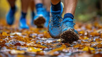 ai generado de cerca de persona vistiendo azul corriendo Zapatos foto