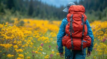 ai generado persona con mochila caminando mediante campo de flores silvestres foto