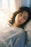 AI generated Asian Woman Resting in Bed With Closed Eyes photo