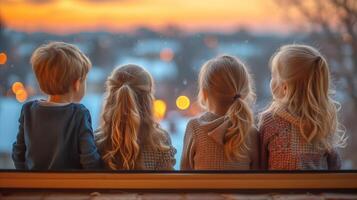 AI generated Children gazing out window at sunset, enjoying a beautiful view together photo