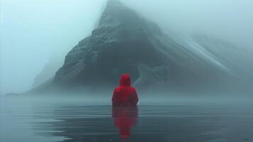 AI generated Person Standing in Water in Front of a Mountain photo