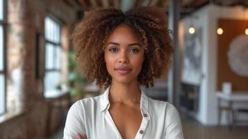 AI generated Woman With Curly Hair Standing in a Room photo