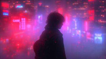 AI generated Solitary figure overlooking neon-lit cityscape in rain photo