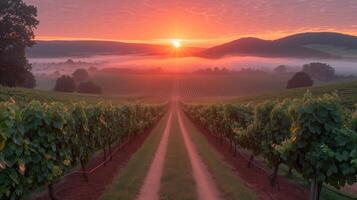 AI generated Sun Setting Over Vineyard photo