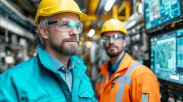 AI generated Two Men in Hard Hats and Safety Glasses in a Factory photo