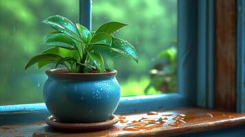 AI generated Peaceful green potted plant on windowsill with water drops and sunshine photo