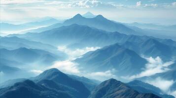 AI generated Serene mountain ranges with mist at dawn for tranquil backdrop photo