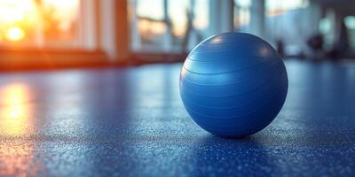 AI generated Blue workout ball on gym floor at sunset, sport and fitness concept photo