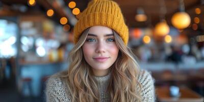 ai generado elegante joven mujer en un amarillo gorro poses en un acogedor café foto