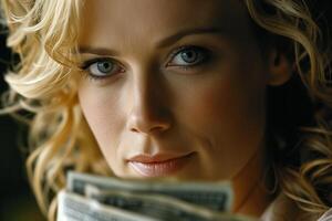 AI generated Blond Woman Holding Stack of Money photo