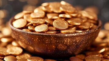 AI generated Wooden Bowl Filled With Gold Coins photo