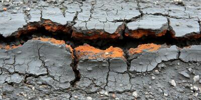 AI generated Orange lichen on cracked black soil texture in natural setting photo