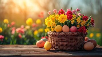 AI generated A basket filled with flowers on top of a wooden table with colorful eggs next to it. photo