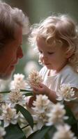 AI generated Man Holding Little Girl, Admiring Flowers in Garden photo