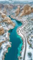 AI generated Aerial View of a Serpentine River Cutting Through a Desert Landscape photo