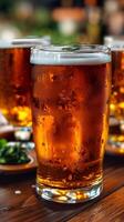 AI generated Three Glasses of Beer on Wooden Table photo