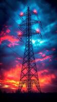 AI generated Colorful Sky Behind High Voltage Power Line photo