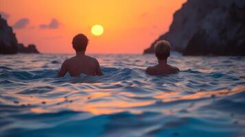 AI generated Serene Ocean Sunset Swim With Two Friends photo