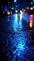 AI generated Blurry Image of a Wet Street at Night Illuminated by Streetlights photo