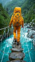 AI generated Person Walking Across Suspension Bridge Over River photo