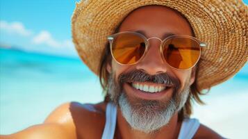 AI generated Smiling Bearded Man Wearing Straw Hat and Sunglasses at Beach photo